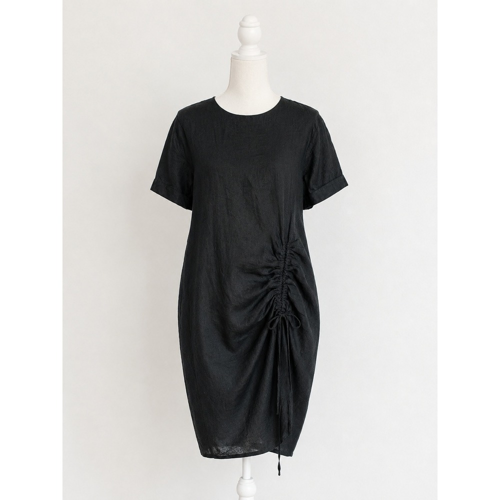 Anthropologie Stateside S Vivienne Black 100% Linen Ruched Sheath Dress LBD